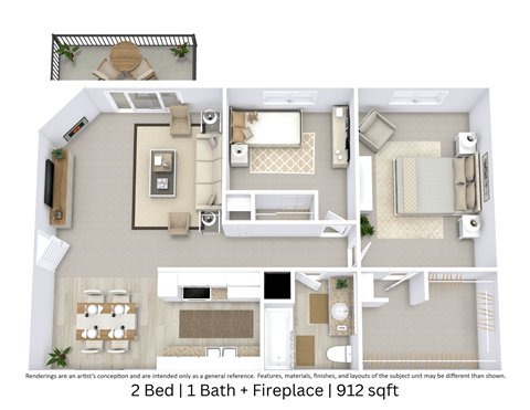 Floor plan for 2 beds, 1 bath, 912 sqft